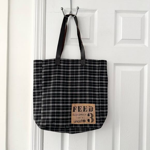 FEED Black White Grid Plaid Brown Leather Strap Tote Bag Nest Artisans - Picture 1 of 11